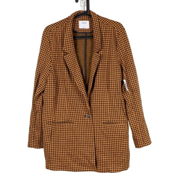 Old Navy Houndstooth Boyfriend Blazer Womens XL Long Brown Black Pockets - Picture 1 of 5